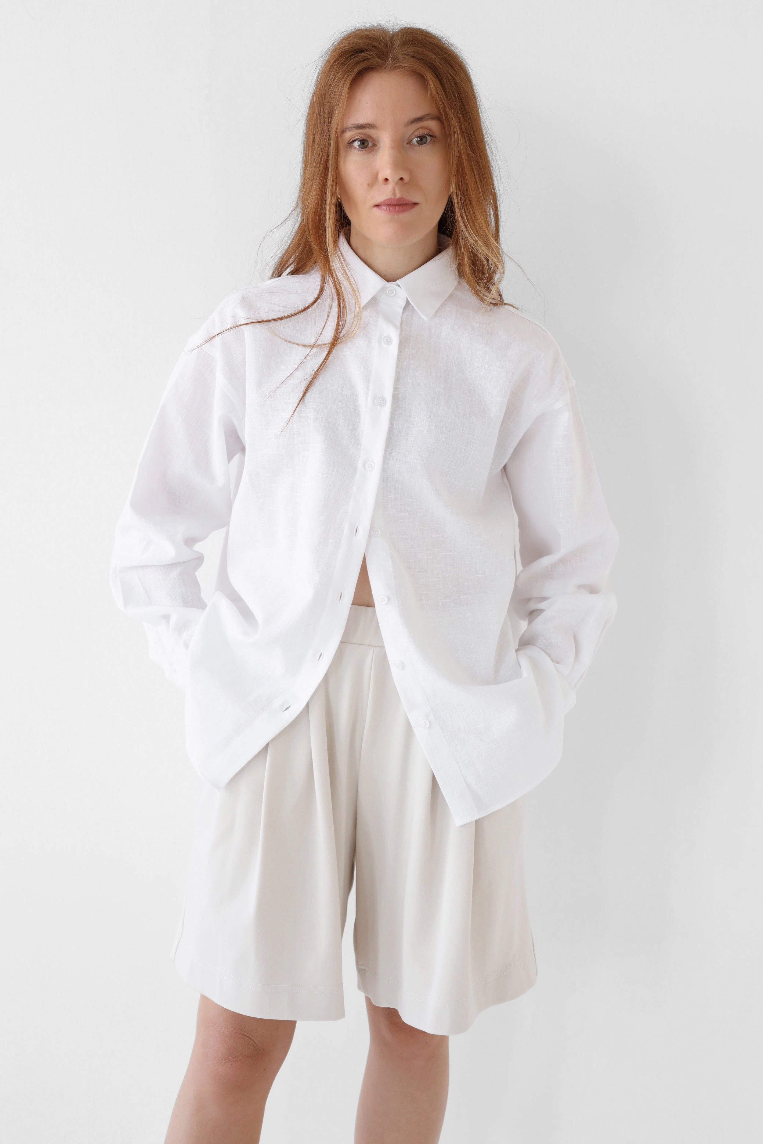 Damska koszula lniana o kroju oversize | AGNESSE - S, off white